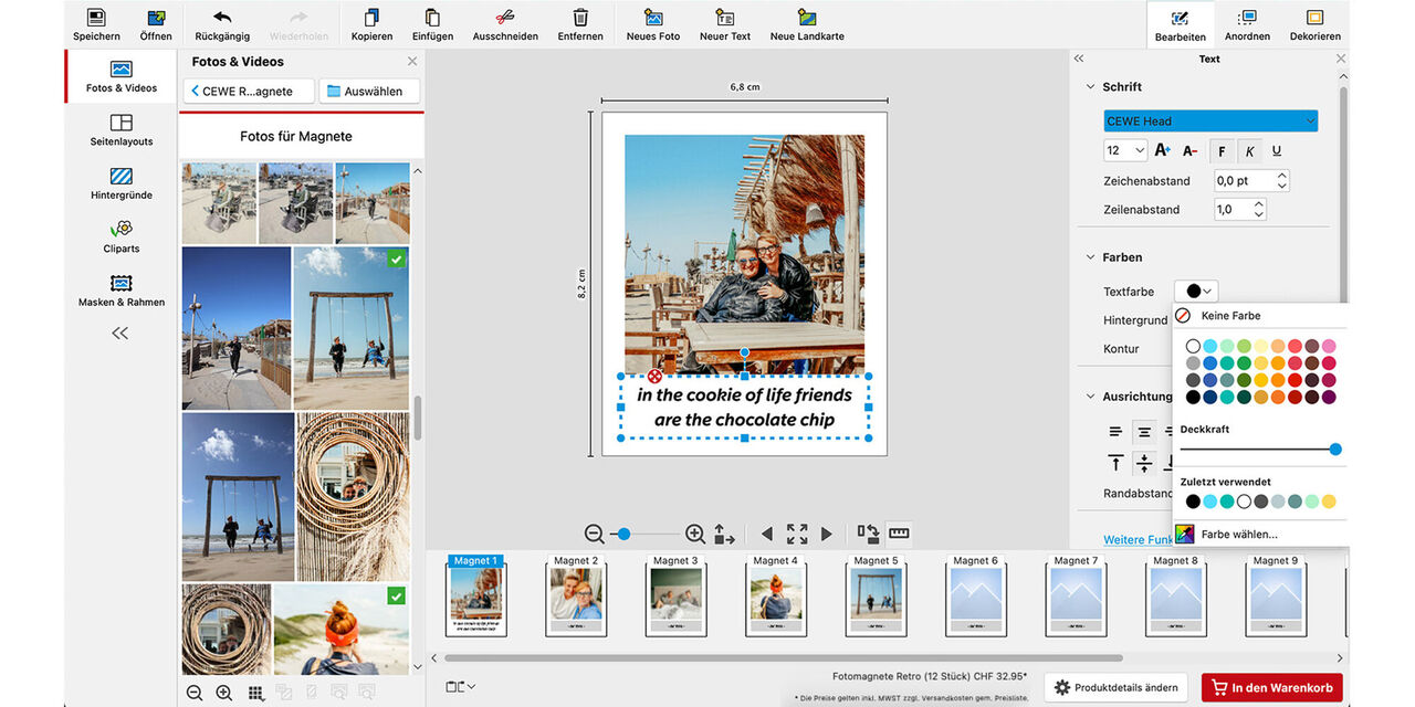 Screenshot aus der CEWE Fotowelt Software. Zu sehen ist die Bearbeitung eines Fotomagneten im Retrostil mit dem Ferienmotiv von zwei Freundinnen. Im Textblock auf dem weissen Rand des Magneten steht «In the cookie of life friends are the chocolate chip».